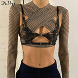 Sexy Party Night Club Hollow Out Tops Women Patchwork Personality Crossover Long sleeve Tops Casual Skinny