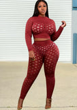 Plus Size Sexy Mesh Dot See Through Long Sleeve Top And Pant 2 Piece