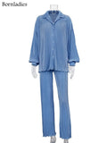 Causal Loose Home Suit Long Sleeve Blouse With High Wasit Pants Set Women Elegant Pleated Beige 2 Piece Pant
