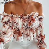 Women Lace Off Shoulder Floral Print Frill Hem Ruched Top Blouse Womens Tops and Blouses-Outfit