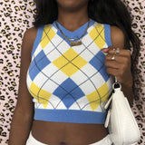 Y2K Sleeveless Autumn Sweater Pullover Casual Plaid Knitted 90s Knitted Crop Sweaters Casual Autumn Preppy