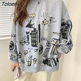 Winter Korean Fleece Hoodies Women O-neck Cartoon Print M-XXL Size Top Loose Thick Gray Khaki White Women's