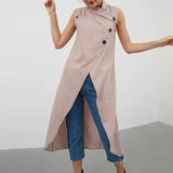 2022 Summer Sexy Asymmetrical Long Shirts Women Sleeveless Buttons Thin Tops Casual Loose Split Hem Chic Blusas