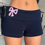 Waist Women Slim Short Pants Y2K Casual Bow Print Shorts Vintage Chic Aesthetic Elastic Waist Cute Bottoms-Outfit