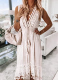 Swing Color V-neck Mid-waist Pullover Lace Waist-controlled Large Hem