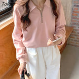 Autumn Long-sleeved Polo Collar Sweatshirts Women New Zipper Solid Color Basic Tops Female Elegant Apricot Pullovers