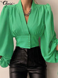 Women Shirts 2022 Fashion Lantern Long Sleeve Elegant Blouse Summer Sexy V-neck Tunic Top Casual Party High Street
