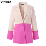 Women Suit Blazers VONDA Ladies Casual Lapel Coats Color Patchwork Autumn Office Formal Long Sleeve Thin Pant Sets no