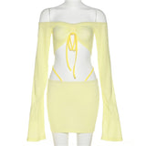 Y2k Sexy Two Piece Short Sets Womens Outifits Yellow Off Shoulder Long Sleeve Crop Top and Skirts Sets