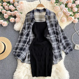 VAREY LIN New Summer Women Fashion Two Piece Set Plaid Long Sleeve Sunscreen Shirt+A-line Knitting Slip Dress Casual