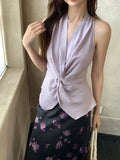 Xixi 2025 Summer New Thin Temperament With Pure Color Kinky Sky Silk Shirt Small Vest Top