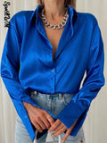 Satin Long Sleeve Blouses Women 2022 Vintage Blue Green Silk Shirt Women Casual Loose Button Up Female Shirts