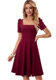 Vintage Square Collar Short Sleeves Solid A-line Midi