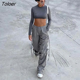 Baggy Hip Hop Ripped Grey Cargo Pants Casual with Pockets Loose Wide Leg Pants Women Drawstring Jogging