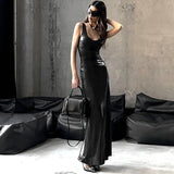 Toloer Women's Wear 2024 Winter New Fashion U-Neck Solid Color Slit Vest Dress-Outfit