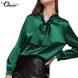Women Elegant Satin Blouse 2022 Fashion Bow Tie Office Tops Long Sleeve Casual Autumn Slik Shirts Oversized Party