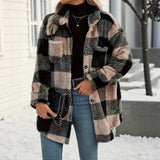 Women's Autumn And Winter Long Sleeve Double Pocket Lattice Hairy Large Fashion