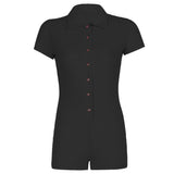 2021 Short Sleeve Bodycon Bodysuit Solid Basic Bodys Mujer Short Jumpsuits Button Up Turn Down Collar Casual