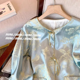 Chinese Round Collar Color Jacquard Satin Jacket Women's Style 2024 New Retro Chic Coat In Early Spring-Outfit