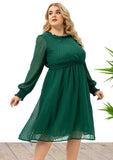 Elegant Plus Size Dot Print Round Neck Long Sleeve Midi