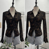 Real Shooting 2025 Spring And Summer New Tie Dye Mesh Elastic Temperament Clasp Tsets Single-Dear Horn Sleeve Shirt