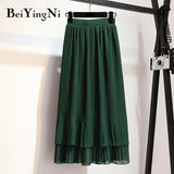 Vintage Pleated Skirt Women Ruffles Lining Chiffon Patchwork Black Casual Midi Skirts Long Korean Saias Mujer