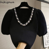 Sweaters 2023 Women Clothes V-neck Beading Pullover Fashion Korean Woman Puff Sleeve Sweater Elegant Tops Pull