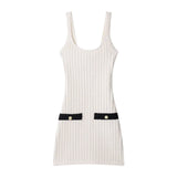 New Women's Elastic Knitted Button Dress With Short Dress