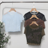 Vintage Wood Ear-Print Letter-Printing Mesh T-Shirt Summer Thin Short-Navel Blouse