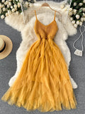 New Women's Suspender Dress Irregular Gauze Fluffy Skirt High Waist Slim Temperament V-neck Suspender Skirt Beach