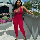 Ribbed Romper Jumpsuit Solid Color Sleeveless Deep U Neck Skinny Slim Tight Elastic Home Gym Casual