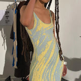 Summer Dress Print Knit Bodycon Women Green Y2K Summer Hollow Out Sexy Sleeveless Spaghetti Strap Beach Midi Dresses