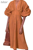 Vintage Dress For Women V Neck Puff Half Sleeve Ruched Tunic Hollow Out Designer Loose Mid Dresses Female 2023