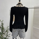 Dark Tidal Irregular Hanging Neck Tie With Hollow Spliced Niche Pads On The Shoulder With Long-Sleeved T-Shirt