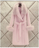 Women Woolen Coat 2019 Winter New Slim Solid Pocket Double-Breasted Big Fur Collar Thick Warm Woolen Coat Female