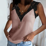 Women Elegant Sleeveless Tops Lace Splicing V-Neck Tank Top Summer 2021 Casual Womens Solid Color Blouse Shirts Plus