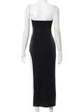 Women Elegant Low Cut Dress 2023 Black Solid Sleeveless Satrpless Off Shoulder Push Up High Split Long Vestidos Party-Outfit
