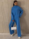 Women Knitted Two Piece Sets Solid High Collar Pullovers+Wide Legs Pants Irregular Suit 2022 Autumn Winter Fashion Loose