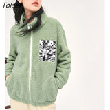 Women Thick Plush Coat 2022 Winter Long Sleeve Stand Collar Loose Jacket Zebra Pattern Green Warm Casual Sweatshirt
