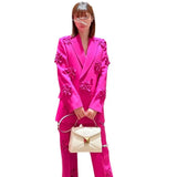 Hot New Double Buckle Heavy Industry Three-Dimensional Flower Decoration Suit Jacket + Trousers