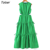 ZBZA Women 2023 Spring Elegant Dress For Women O Neck Sleeveless Hollow Out High Waist Ruffle Dresses Female