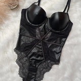 Sexy Lace Temptation Bodysuit Europe Pu Leather Steampunk Underwear Black Push Up Bra Set Corset Beautiful Back
