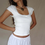 Vintage Baby Tee Cottage Lace Trim Knitted T-Shirt Summer Square Neck Short Sleeve Tee Shirt Women White Milkmaid Crop Top-Outfit