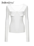 TWOTWINSTYLE Skinny T Shirt For Women V Neck Long Sleeve Patchwork Mesh Solid Slim T Shirts Female Clothes Spring New 2022
