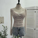 Pure-Want Wind Belt Chest Mat Lace Splicing Mesh Yarn Long-Sleeved T-Shirt Short Slim Top