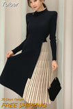 Winter Elegant Women Midi Dress Lady Vintage Casual Chic Knitted Black Stretchy Belt Pleated Street Robe Femme