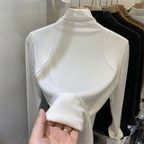 Half-High-Necked Bottomed Shirt Lady's New Plush Long-Sleeved T-Shirt In Autumn And Winter-Outfit