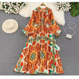 Quality Light Extravagant Lantern Long Sleeved Round Collar Waist Slim Single Breasted Printed Dress Elegant Long Skirt-Outfit