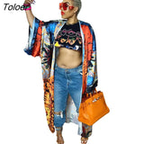 New Fashion Floral Print Long Sleeve Loose Long Outwear Cardigans Street Women Clothing Casual Silk Open Stitch