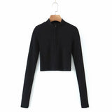elegant high neck zipper front knitted sweater women solid basic cropped pullover fashion clothing